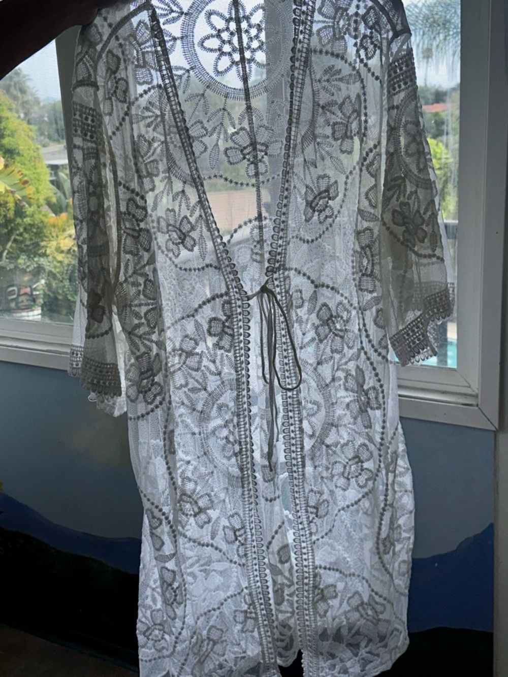 Kivenst Sheer Floral Lace white Duster tie-front. Stunning!